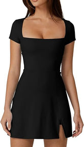 Short Sleeve Square Neck Mini Dress with Built-In Pockets